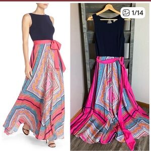 Eliza J Navy and Multicolor Maxi Skirt with Pink Sash   Sz 6P